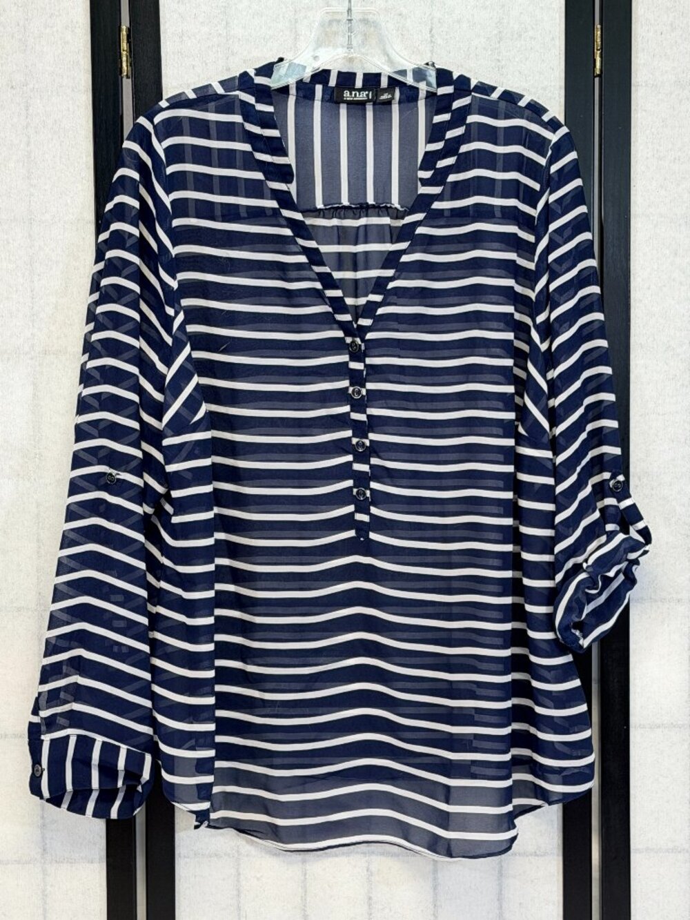ANA Long Roll Sleeve V Neck 1/4 Button Sheer Blouse 1X Dark Blue White Stripe